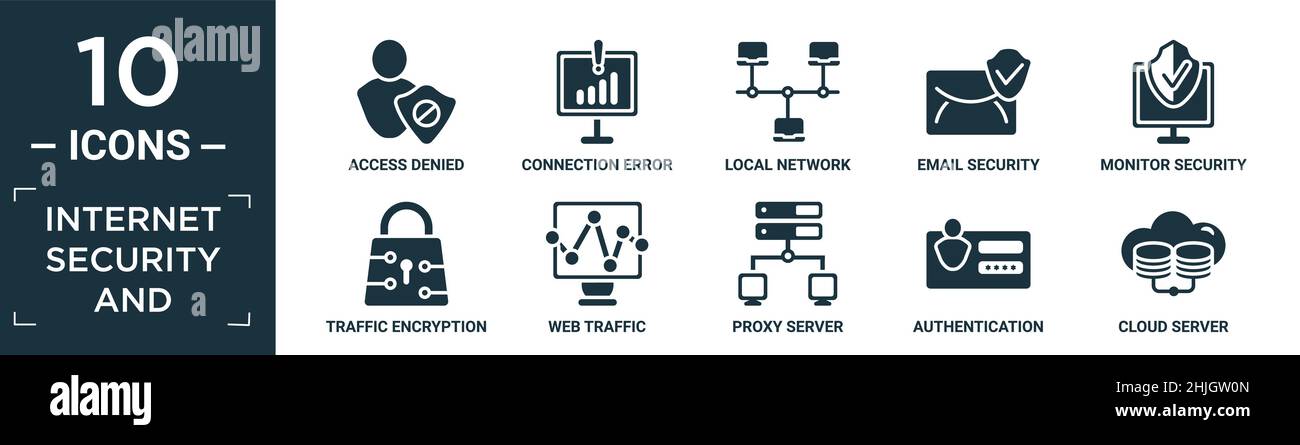 filled internet security and icon set. contain flat access denied, connection error, local network, email security, monitor security, traffic encrypti Stock Vector