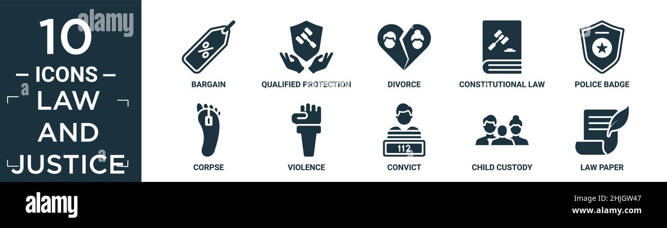 filled law and justice icon set. contain flat bargain, qualified protection, divorce, constitutional law, police badge, corpse, violence, convict, chi Stock Vector