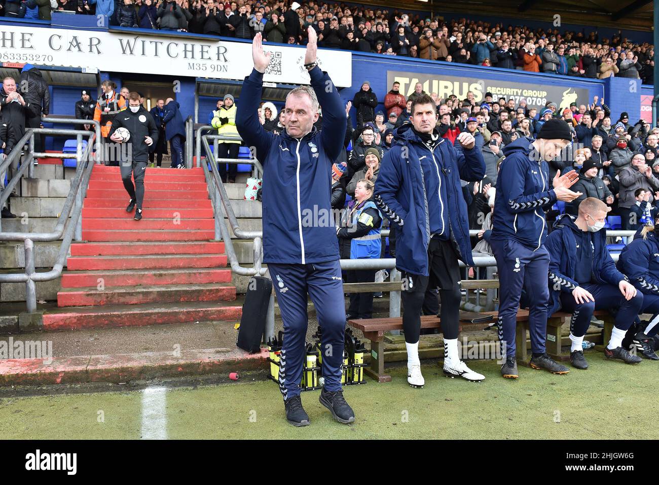 OLDHAM, UK. JAN 29TH John Sheridan (Head Coach) of Oldham Athletic is introduced before the Sky Bet League 2 match between Oldham Athletic and Rochdale at Boundary Park, Oldham on Saturday 29th January 2022. (Credit: Eddie Garvey | MI News) Credit: MI News & Sport /Alamy Live News Stock Photo