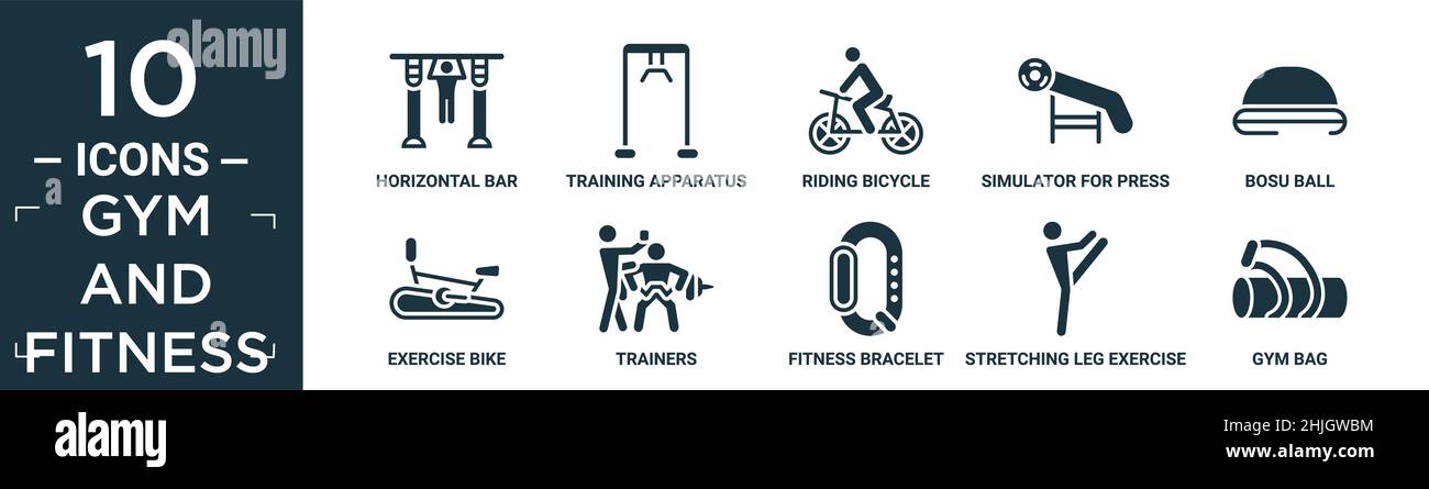 filled gym and fitness icon set. contain flat horizontal bar, training apparatus, riding bicycle, simulator for press, bosu ball, exercise bike, train Stock Vector