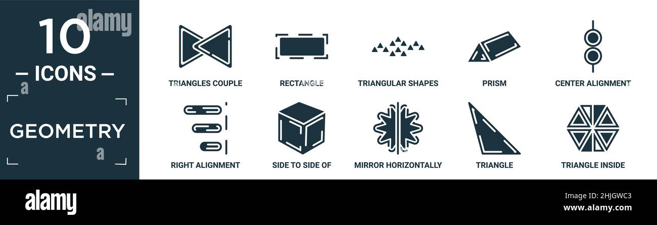 filled geometry icon set. contain flat triangles couple, rectangle, triangular shapes forming waves, prism, center alignment, right alignment, side to Stock Vector