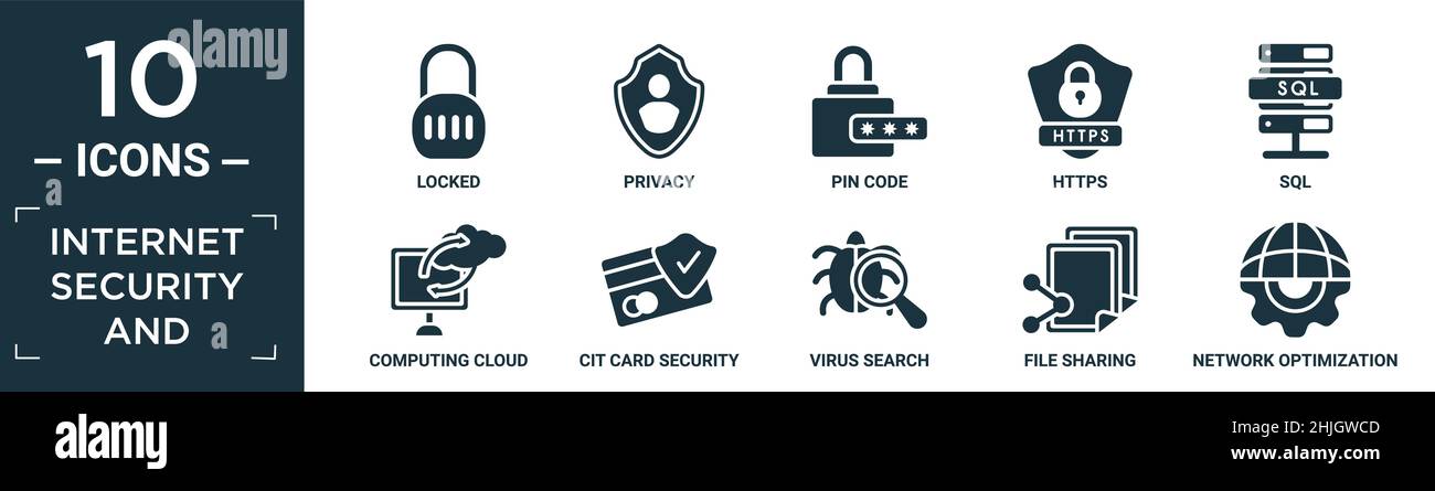 filled internet security and icon set. contain flat locked, privacy, pin code, https, sql, computing cloud, cit card security, virus search, file shar Stock Vector