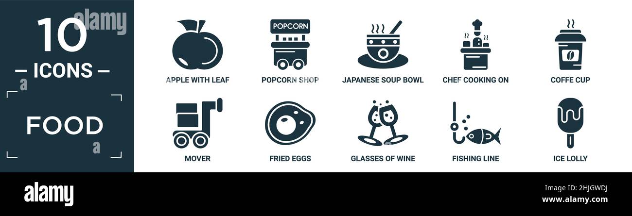 filled food icon set. contain flat apple with leaf, popcorn shop, japanese soup bowl, chef cooking on stove, coffe cup, mover, fried eggs, glasses of Stock Vector