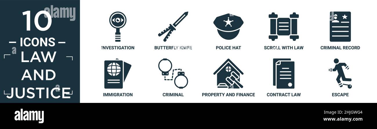 filled law and justice icon set. contain flat investigation, butterfly knife, police hat, scroll with law, criminal record, immigration, criminal, pro Stock Vector