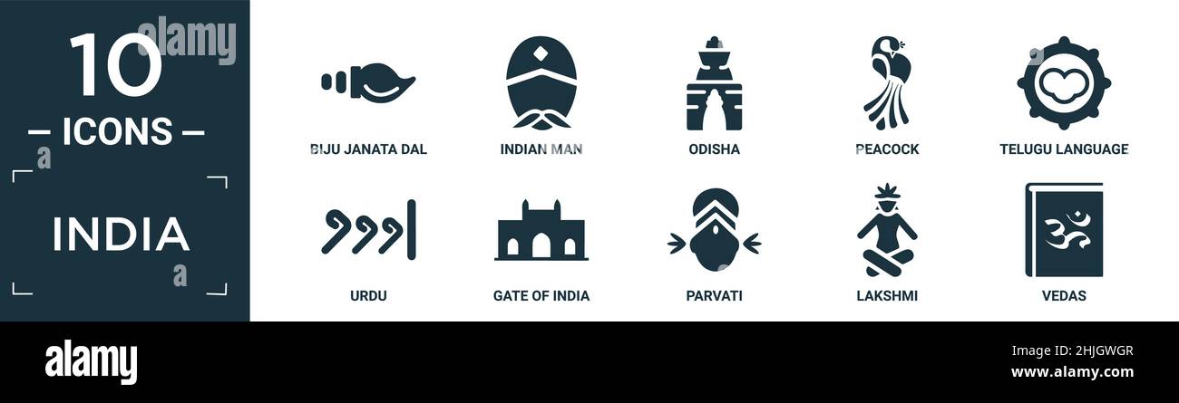 filled india icon set. contain flat biju janata dal, indian man, odisha, peacock, telugu language, urdu, gate of india, parvati, lakshmi, vedas icons Stock Vector