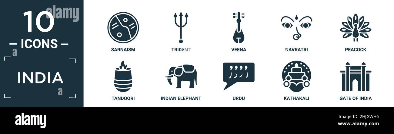 filled india icon set. contain flat sarnaism, trident, veena, navratri, peacock, tandoori, indian elephant, urdu, kathakali, gate of india icons in ed Stock Vector