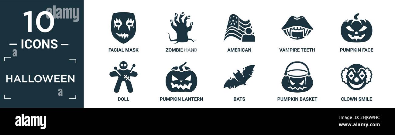 filled halloween icon set. contain flat facial mask, zombie hand, american, vampire teeth, pumpkin face, doll, pumpkin lantern, bats, pumpkin basket, Stock Vector