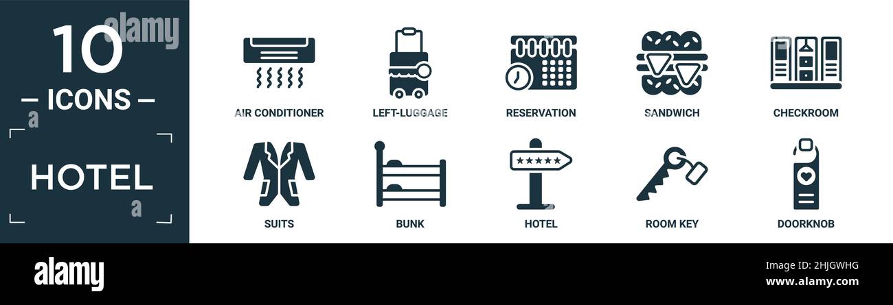filled hotel icon set. contain flat air conditioner, left-luggage, reservation, sandwich, checkroom, suits, bunk, hotel, room key, doorknob icons in e Stock Vector