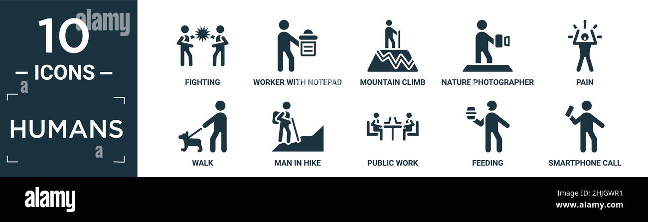 filled humans icon set. contain flat fighting, worker with notepad, mountain climb, nature photographer, pain, walk, man in hike, public work, feeding Stock Vector