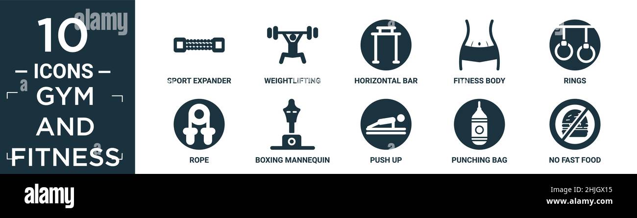 filled gym and fitness icon set. contain flat sport expander, weightlifting, horizontal bar, fitness body, rings, rope, boxing mannequin, push up, pun Stock Vector