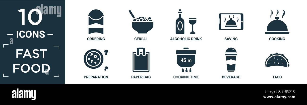 filled fast food icon set. contain flat ordering, cereal, alcoholic ...