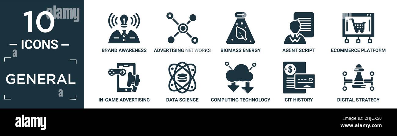 filled general icon set. contain flat brand awareness, advertising networks, biomass energy, agent script, ecommerce platform, in-game advertising, da Stock Vector