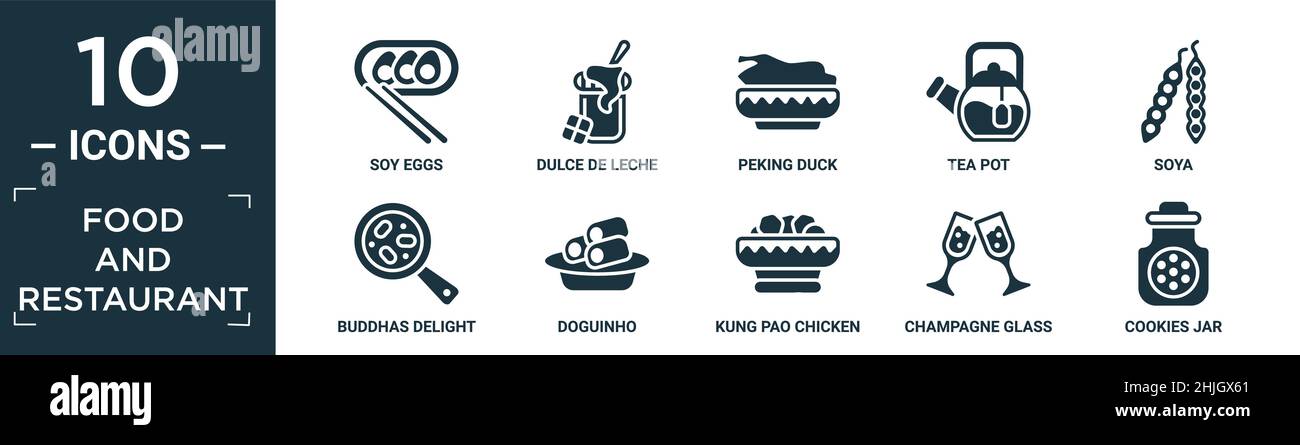 filled food and restaurant icon set. contain flat soy eggs, dulce de leche, peking duck, tea pot, soya, buddhas delight, doguinho, kung pao chicken, c Stock Vector