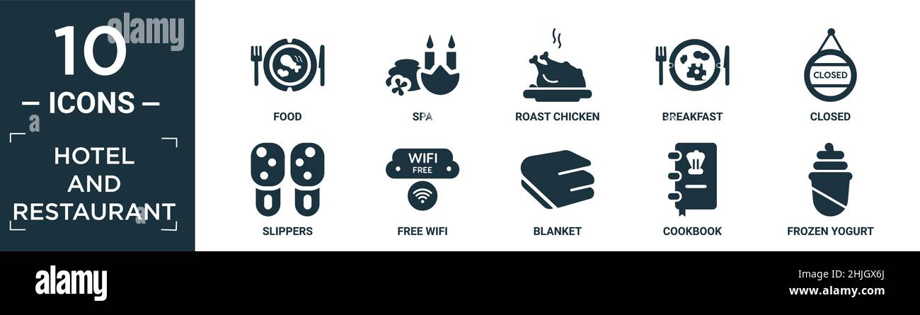 filled hotel and restaurant icon set. contain flat food, spa, roast chicken, breakfast, closed, slippers, free wifi, blanket, cookbook, frozen yogurt Stock Vector