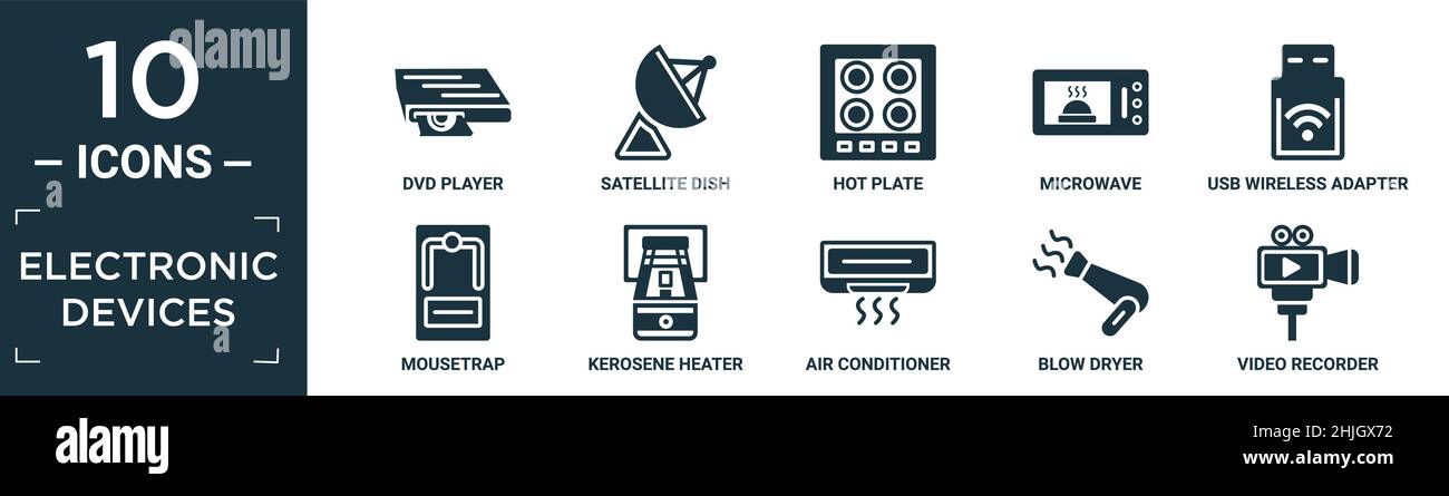 filled electronic devices icon set. contain flat dvd player, satellite dish, hot plate, microwave, usb wireless adapter, mousetrap, kerosene heater, a Stock Vector