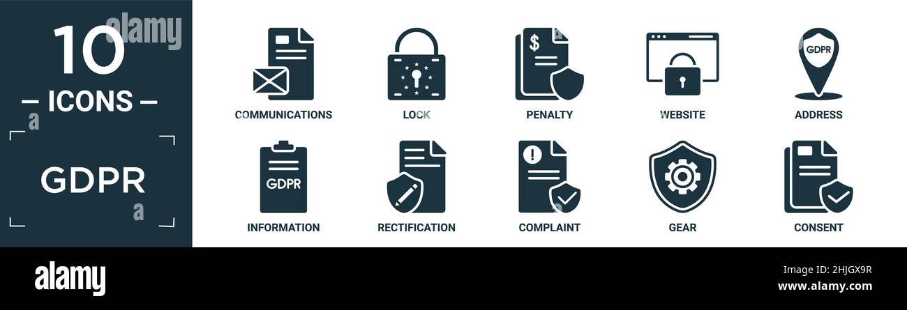 filled gdpr icon set. contain flat communications, lock, penalty, website, address, information, rectification, complaint, gear, consent icons in edit Stock Vector