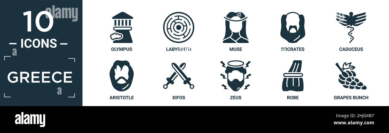 filled greece icon set. contain flat olympus, labyrinth, muse, socrates, caduceus, aristotle, xifos, zeus, robe, grapes bunch icons in editable format Stock Vector