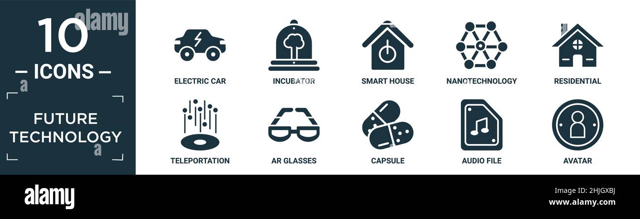 filled future technology icon set. contain flat electric car, incubator ...
