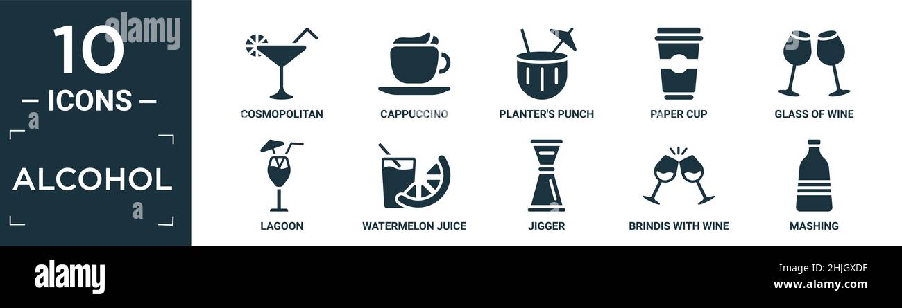 filled alcohol icon set. contain flat cosmopolitan, cappuccino, planter ...
