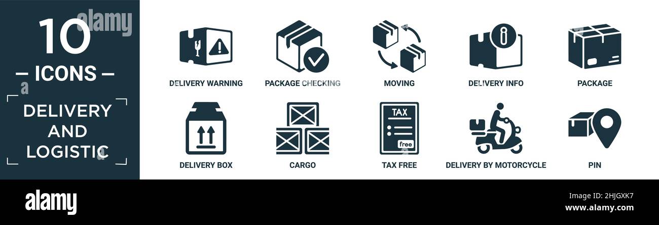 filled delivery and logistic icon set. contain flat delivery warning ...
