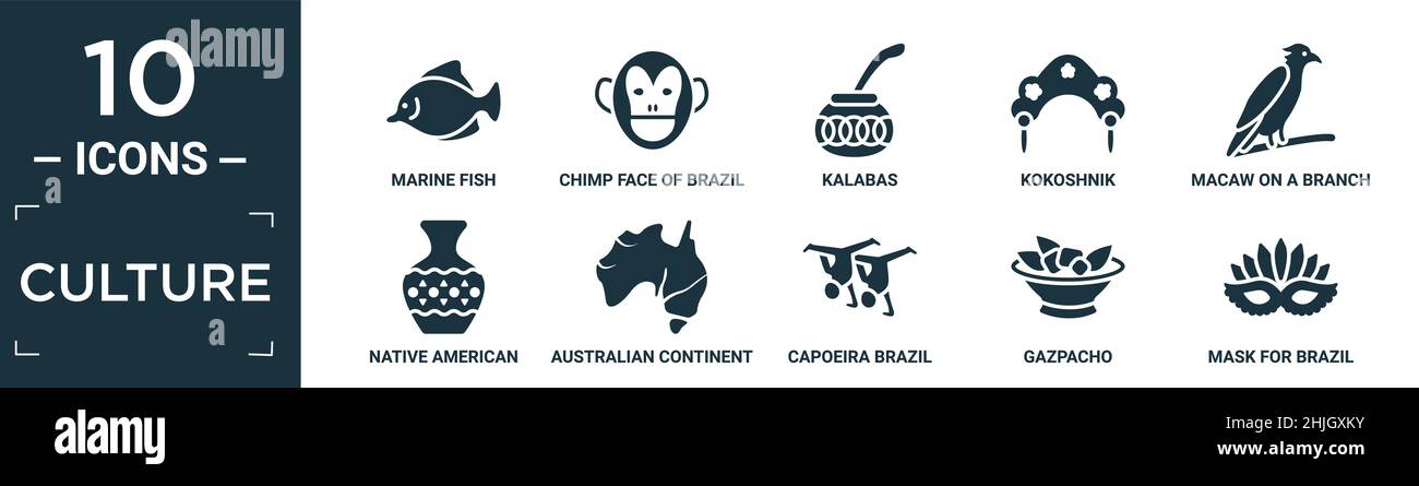 filled culture icon set. contain flat marine fish, chimp face of brazil, kalabas, kokoshnik, macaw on a branch, native american pot, australian contin Stock Vector