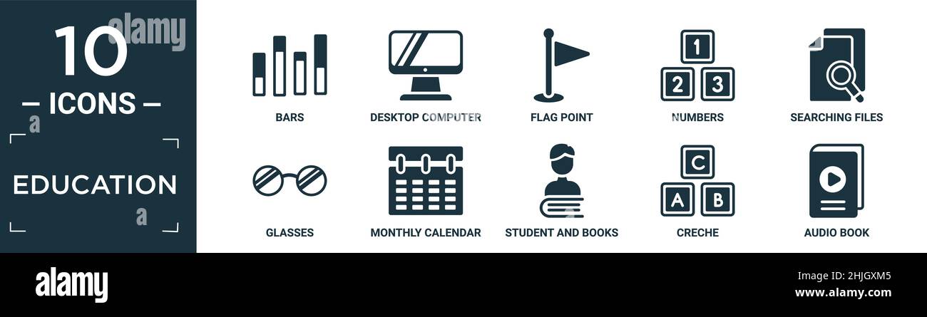 filled education icon set. contain flat bars, desktop computer, flag point, numbers, searching files, glasses, monthly calendar, student and books, cr Stock Vector