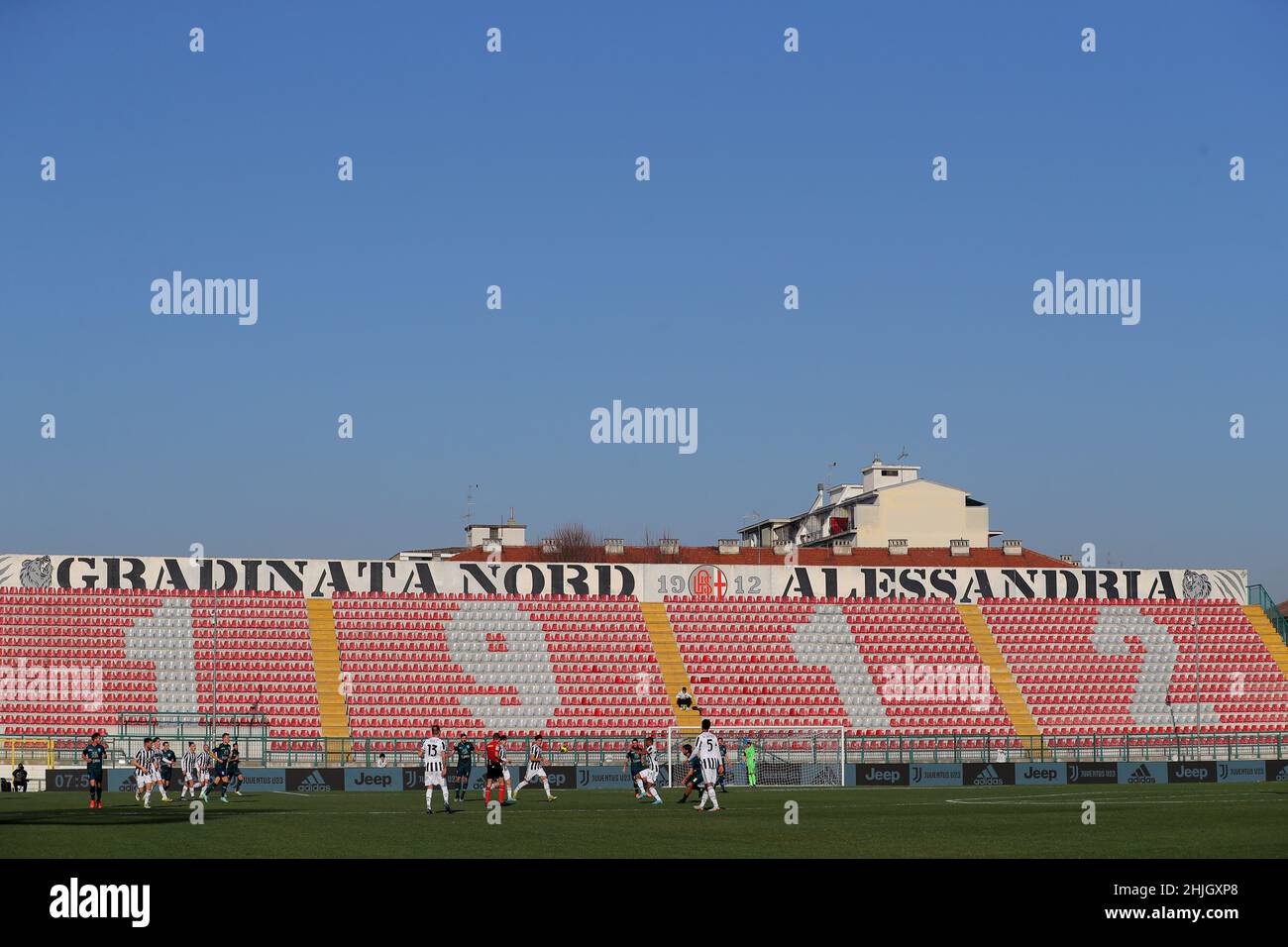 Alessandria, Italy, 29th January 2022. A general view showing the empty home end of the stadium due to Italian government attendance restrictions in an attempt to combat the Coronavirus Pandemic during the Serie C match at Stadio Giuseppe Moccagatta - Alessandria. Picture credit should read: Jonathan Moscrop / Sportimage Stock Photo