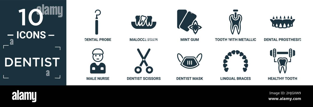 filled dentist icon set. contain flat dental probe, malocclusion, mint ...