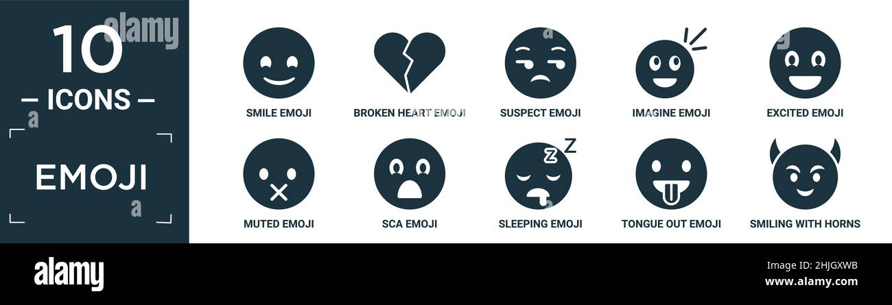 filled emoji icon set. contain flat smile emoji, broken heart emoji, suspect imagine excited muted sca sleeping tongue out smiling with horns icons in Stock Vector