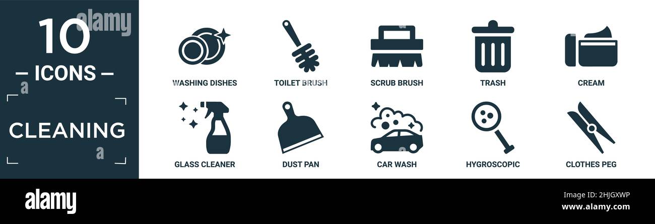filled cleaning icon set. contain flat washing dishes, toilet brush, scrub brush, trash, cream, glass cleaner, dust pan, car wash, hygroscopic, clothe Stock Vector