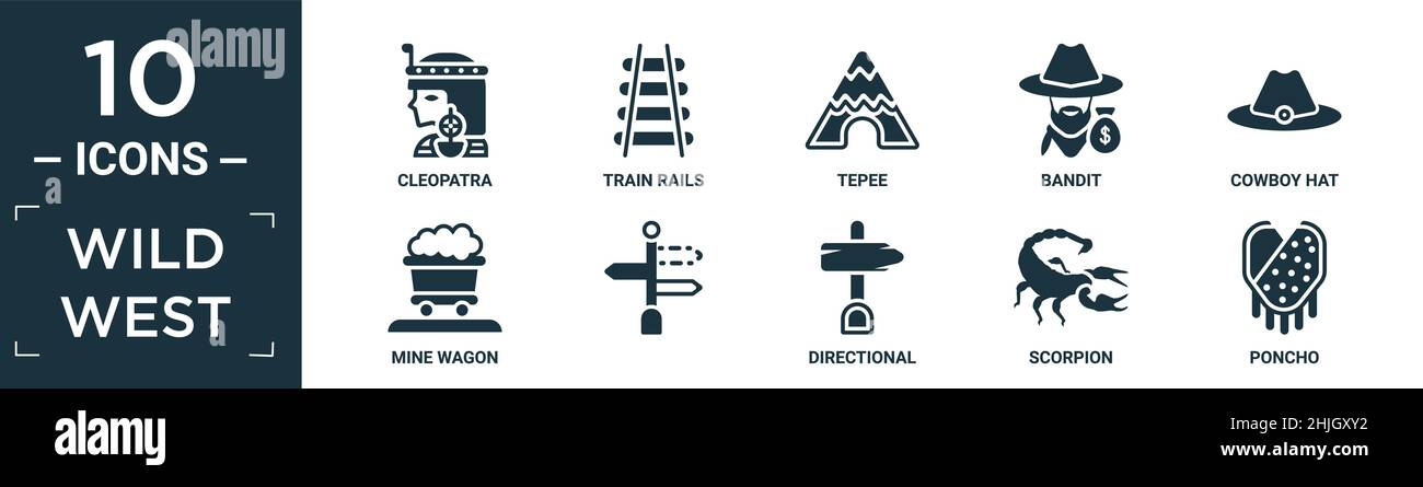 filled wild west icon set. contain flat cleopatra, train rails, tepee ...