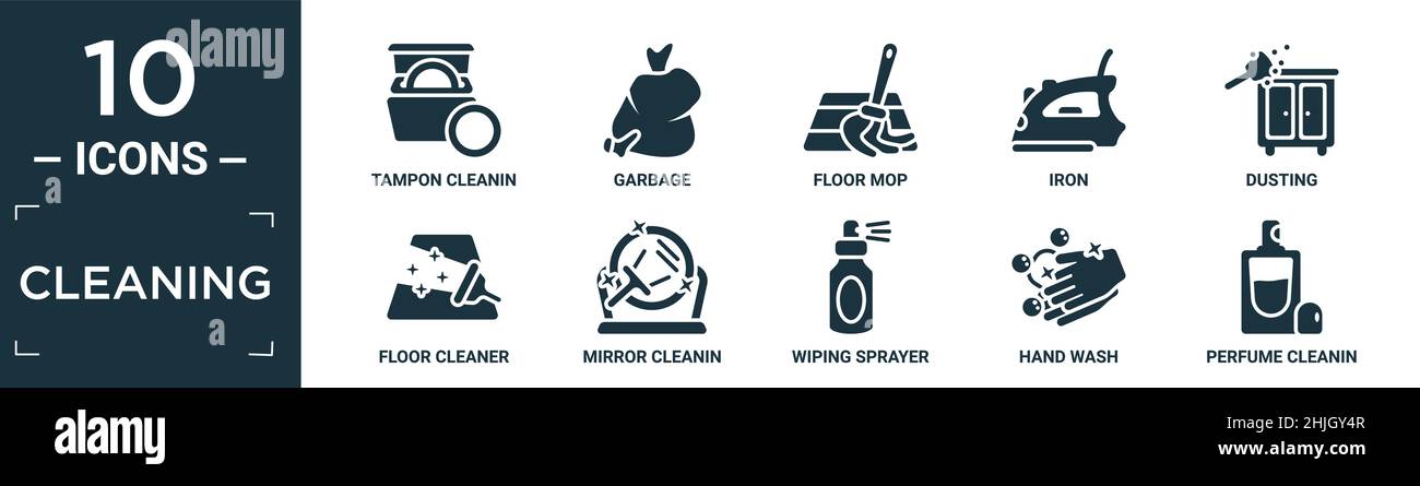 filled cleaning icon set. contain flat tampon cleanin, garbage, floor mop, iron, dusting, floor cleaner, mirror cleanin, wiping sprayer, hand wash, pe Stock Vector