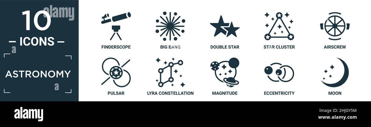 filled astronomy icon set. contain flat finderscope, big bang, double star, star cluster, airscrew, pulsar, lyra constellation, magnitude, eccentricit Stock Vector