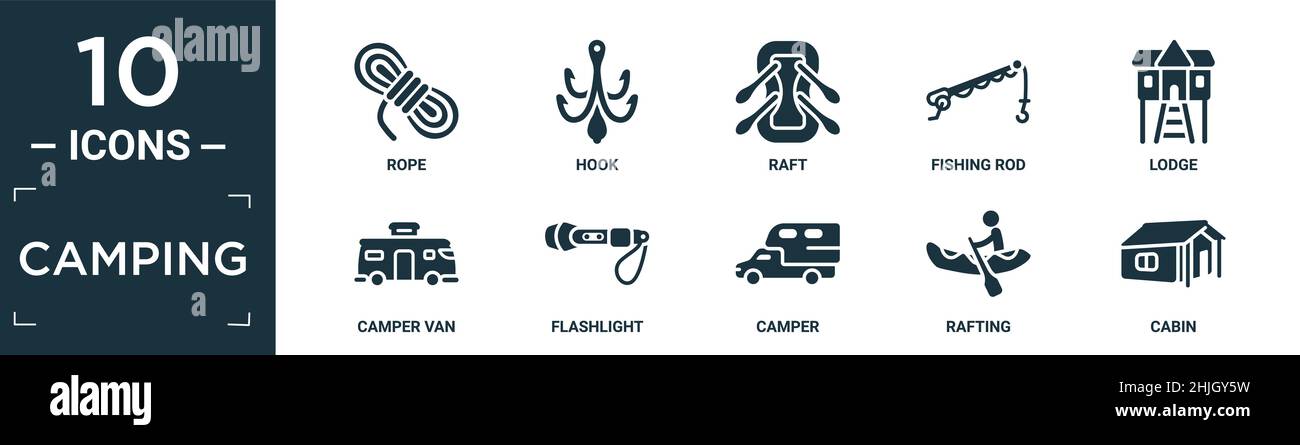 filled camping icon set. contain flat rope, hook, raft, fishing rod, lodge, camper van, flashlight, camper, rafting, cabin icons in editable format. Stock Vector