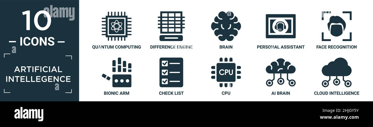 filled artificial intellegence icon set. contain flat quantum computing, difference engine, brain, personal assistant, face recognition, bionic arm, c Stock Vector