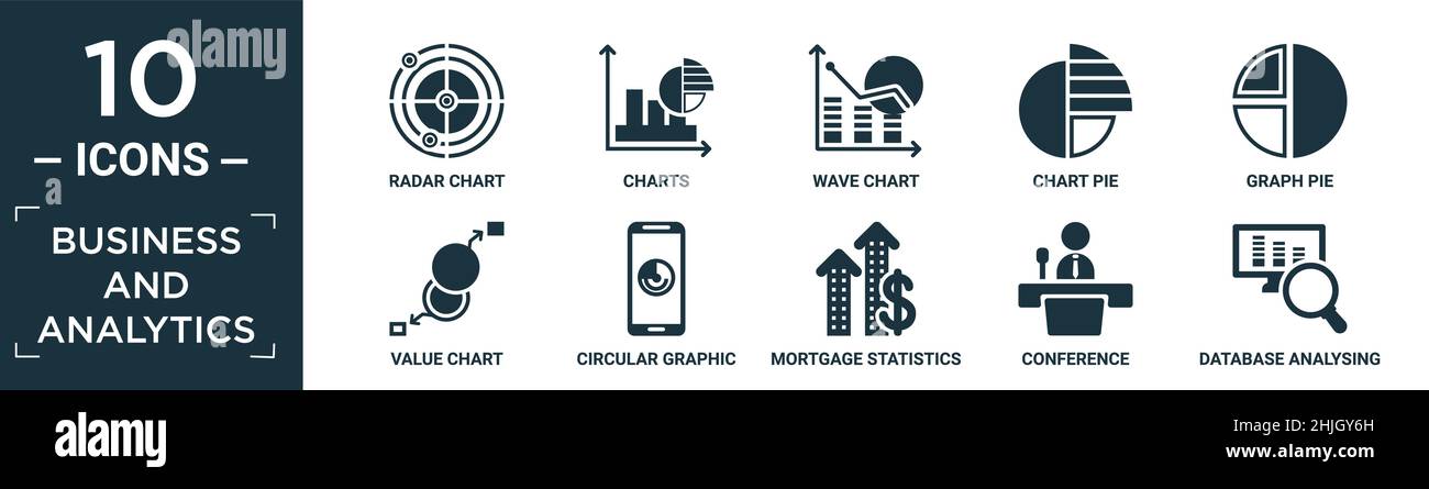 filled business and analytics icon set. contain flat radar chart ...
