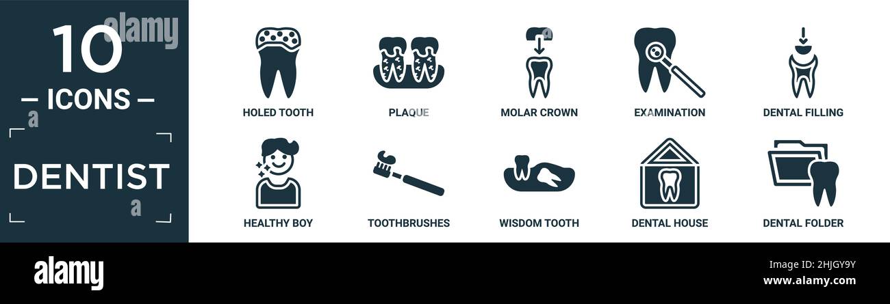 filled dentist icon set. contain flat holed tooth, plaque, molar crown, examination, dental filling, healthy boy, toothbrushes, wisdom tooth, dental h Stock Vector