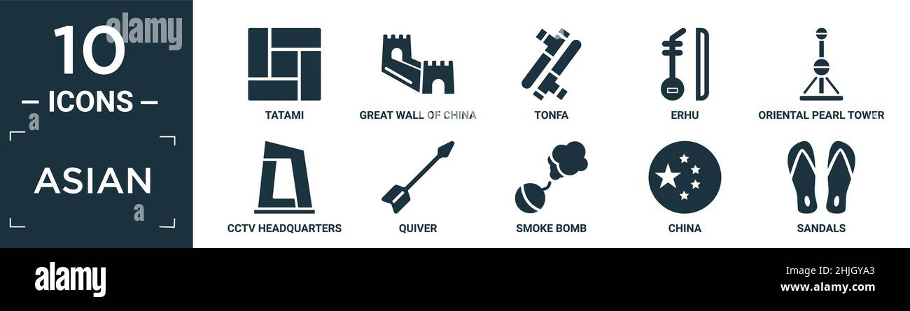 filled asian icon set. contain flat tatami, great wall of china, tonfa, erhu, oriental pearl tower, cctv headquarters, quiver, smoke bomb, china, sand Stock Vector