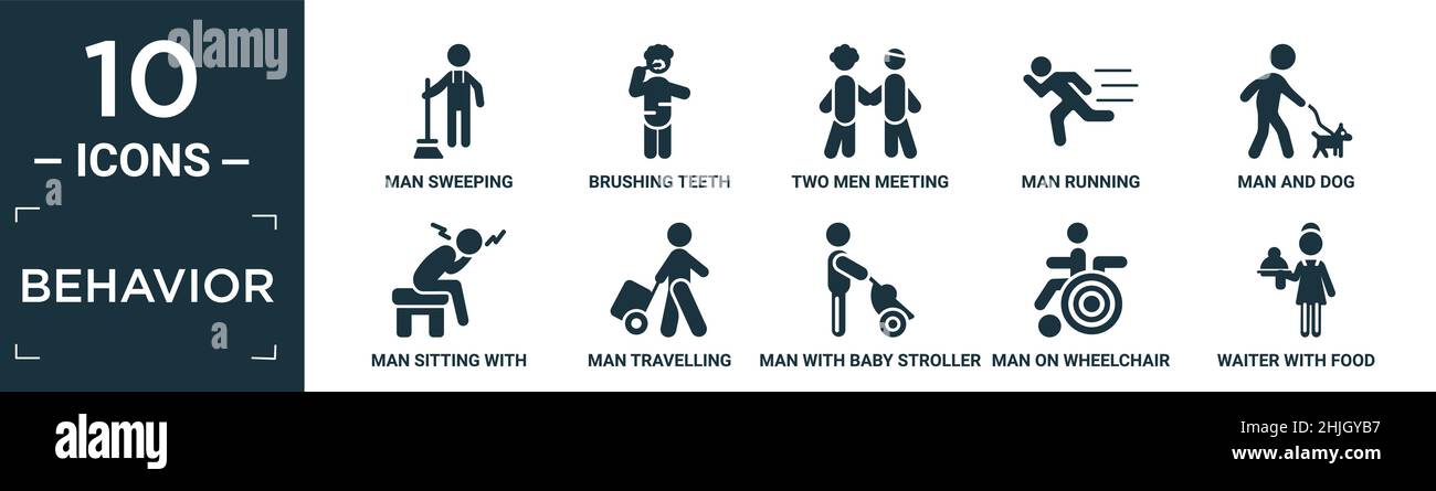 filled behavior icon set. contain flat man sweeping, brushing teeth ...