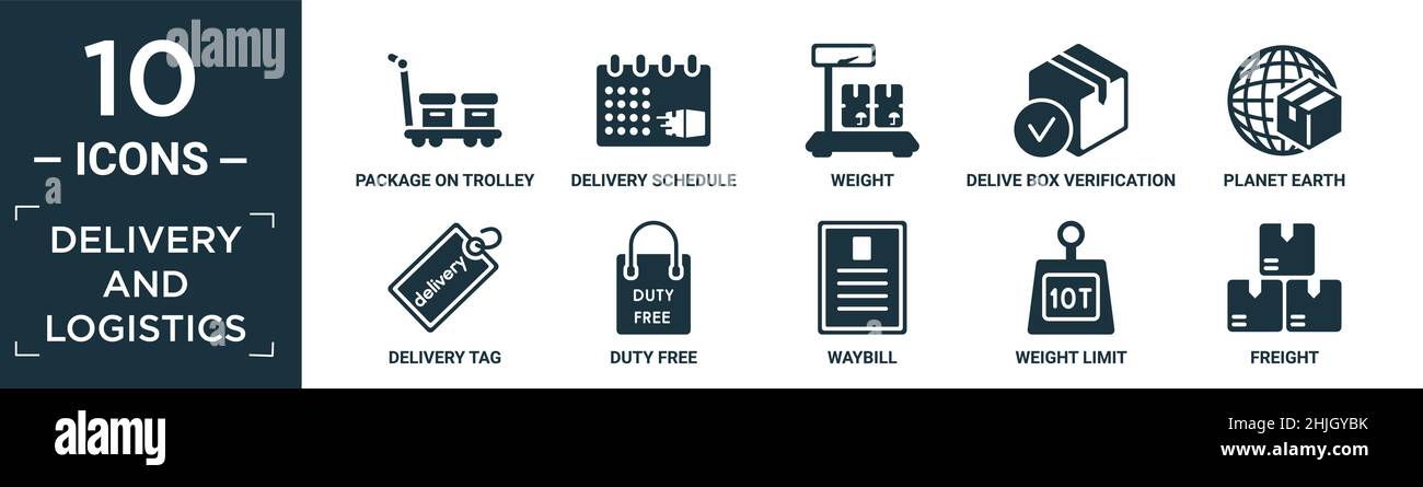 filled delivery and logistics icon set. contain flat package on trolley ...