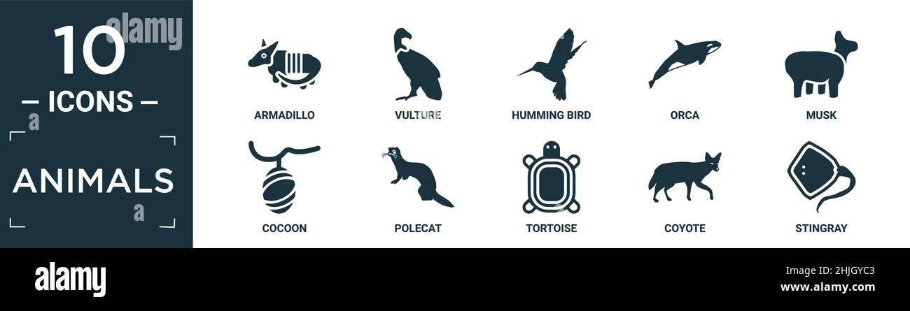 filled animals icon set. contain flat armadillo, vulture, humming bird, orca, musk, cocoon, polecat, tortoise, coyote, stingray icons in editable form Stock Vector
