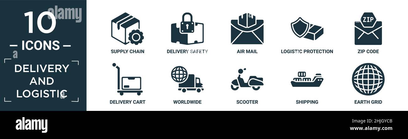 filled delivery and logistic icon set. contain flat supply chain ...