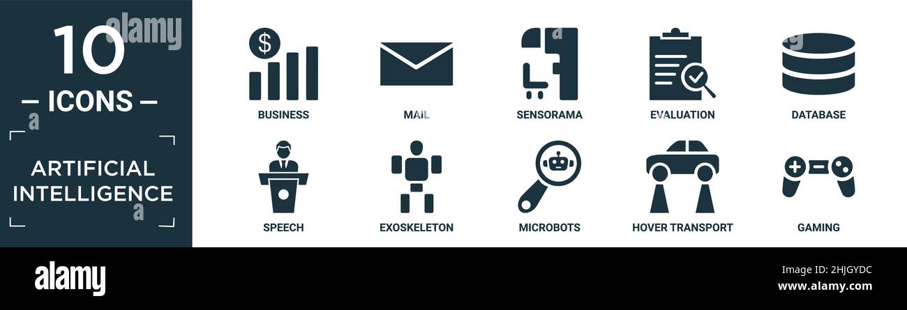 filled artificial intelligence icon set. contain flat business, mail, sensorama, evaluation, database, speech, exoskeleton, microbots, hover transport Stock Vector
