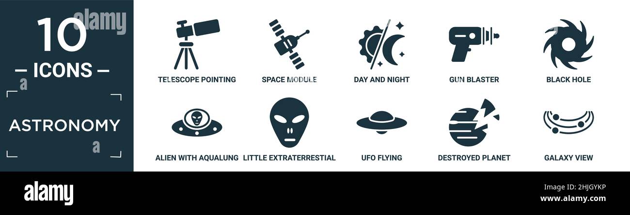 filled astronomy icon set. contain flat telescope pointing up, space module, day and night, gun blaster, black hole, alien with aqualung, little extra Stock Vector