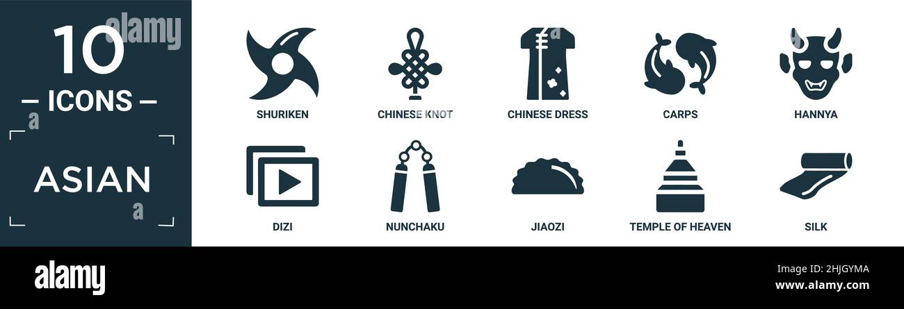 filled asian icon set. contain flat shuriken, chinese knot, chinese dress, carps, hannya, dizi, nunchaku, jiaozi, temple of heaven, silk icons in edit Stock Vector