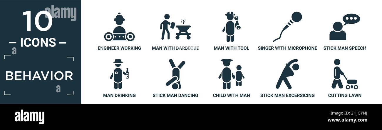 filled behavior icon set. contain flat engineer working, man with barbecue, man with tool, singer with microphone, stick man speech, drinking, stick d Stock Vector