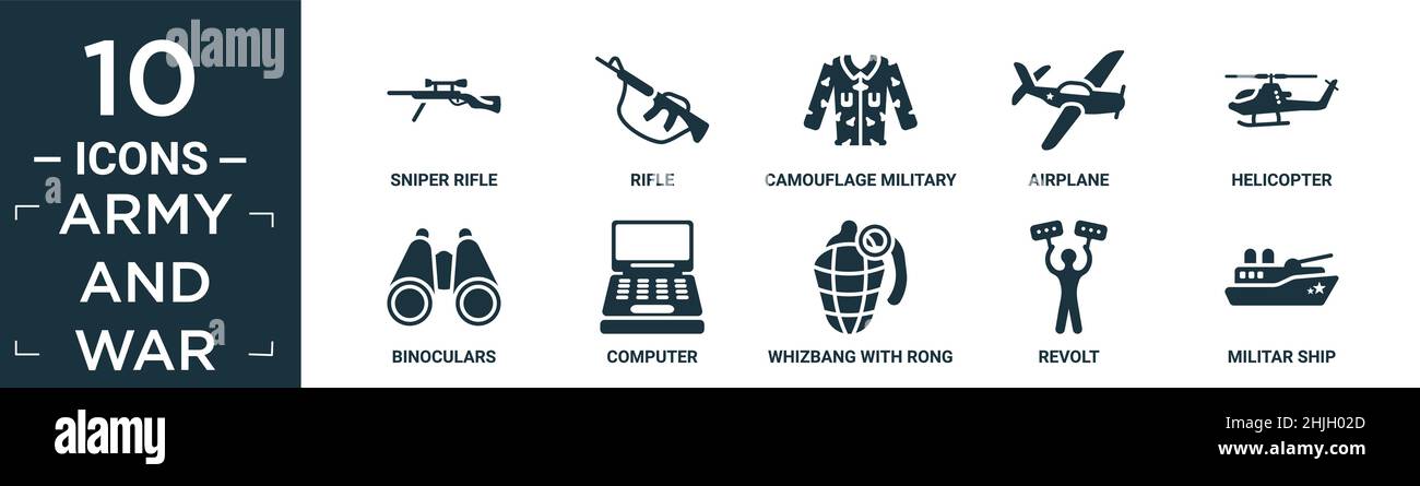filled army and war icon set. contain flat sniper rifle, rifle ...