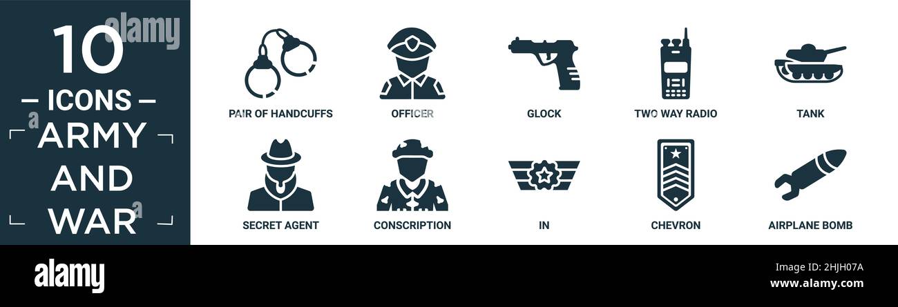filled army and war icon set. contain flat pair of handcuffs, officer ...