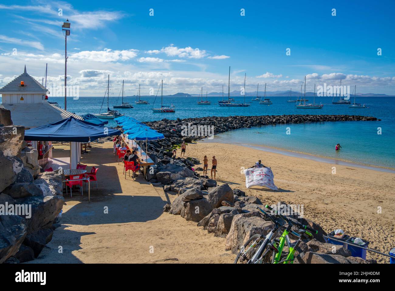 View of Playa Dorada Beach and Fuerteventura in background, Playa Blanca, Lanzarote, Canary Islands, Spain, Atlantic, Europe Stock Photo
