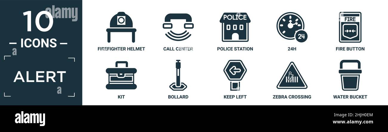 filled alert icon set. contain flat firefighter helmet, call center, police station, 24h, fire button, kit, bollard, keep left, zebra crossing, water Stock Vector